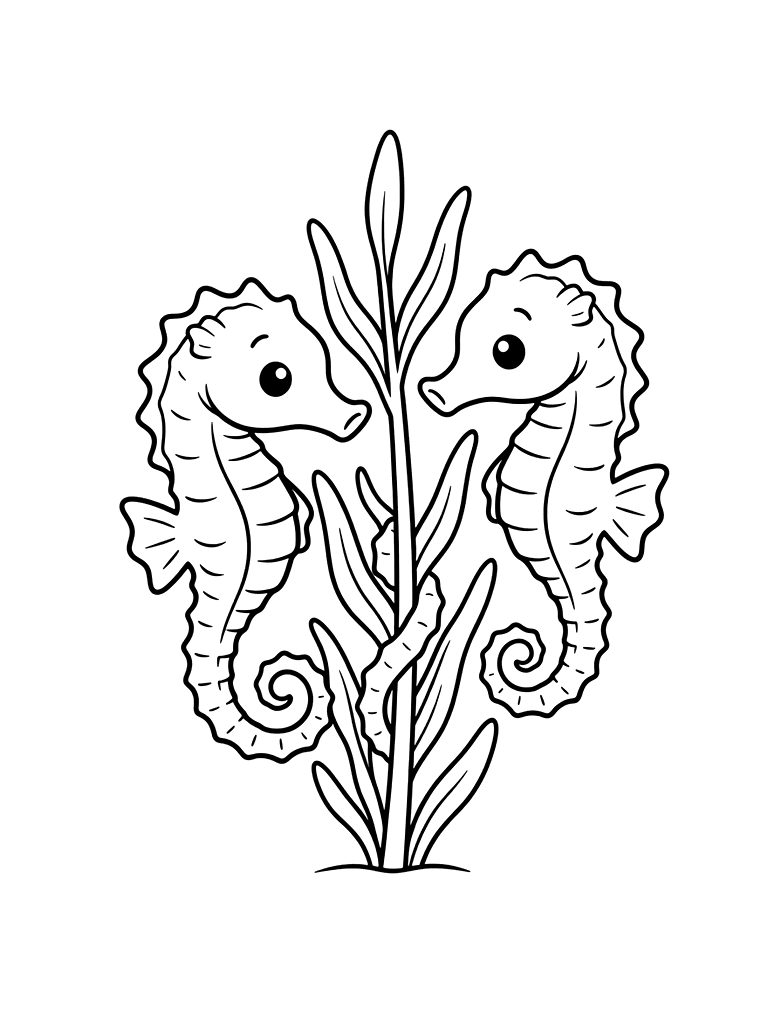 Two Delicate Seahorses With Their Tails Curled Around A Stalk Of Seagrass In An Underwater Garden Coloring Page