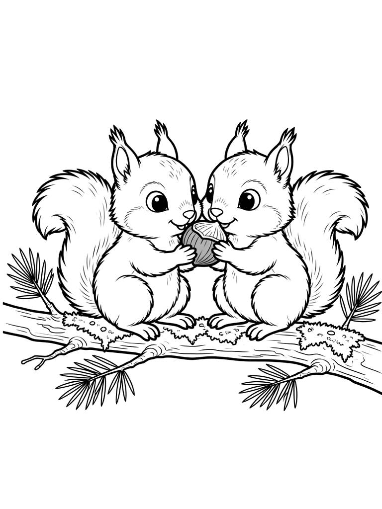 Two Fluffy Baby Red Squirrels Sharing A Hazelnut On A Mossy Pine Branch In A Sunlit Spring Forest Clearing Coloring Page