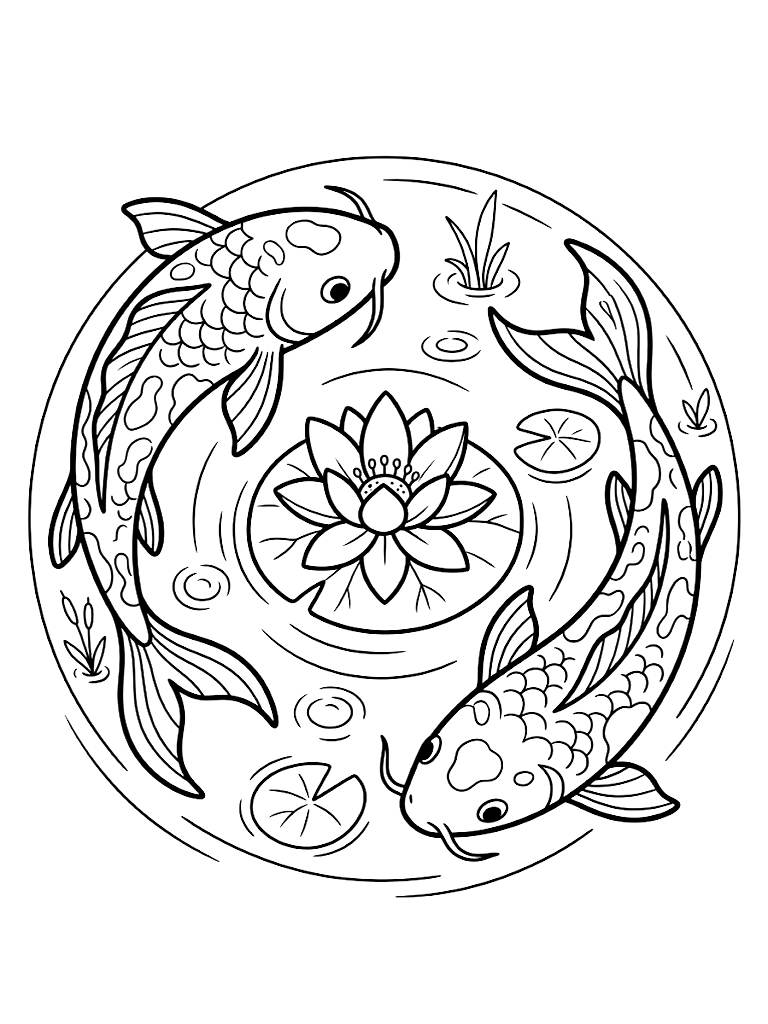 Two Graceful Koi Fish Swimming In A Perfect Tranquil Circle Around A Floating Lotus Blossom In A Still Water Garden Coloring Page