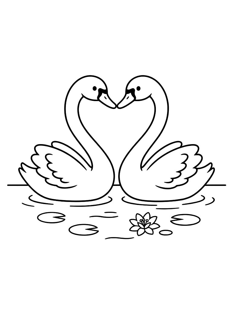 Two Swans Forming A Heart Shape With Their Necks On A Peaceful Lake With Lilies Coloring Page