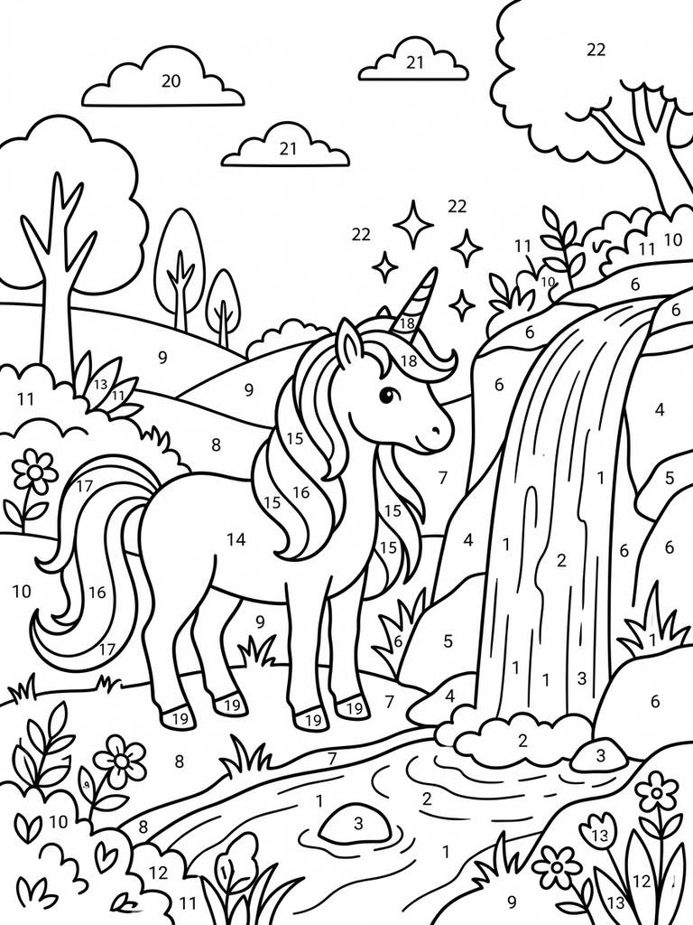 Unicorn By Waterfall Color By Number Coloring Page