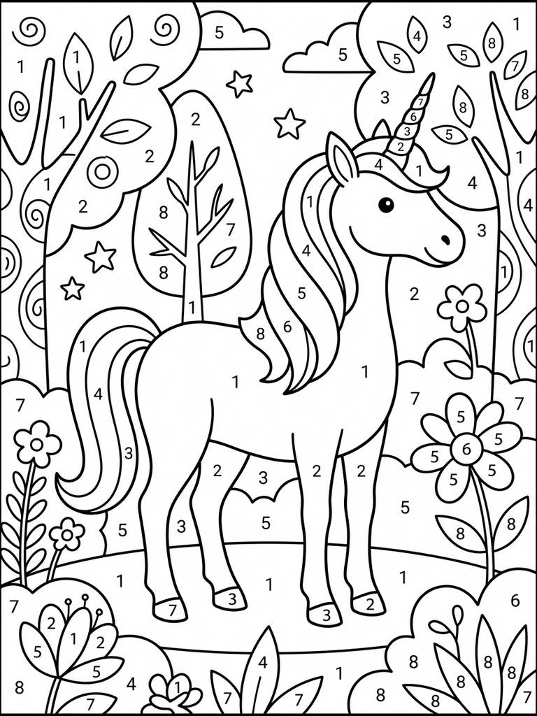 Unicorn In Enchanted Forest Color By Number Coloring Page