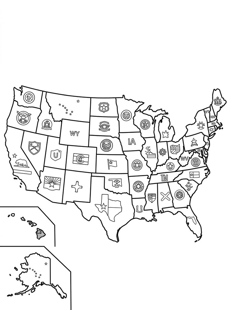 United States Map With State Flags Coloring Page