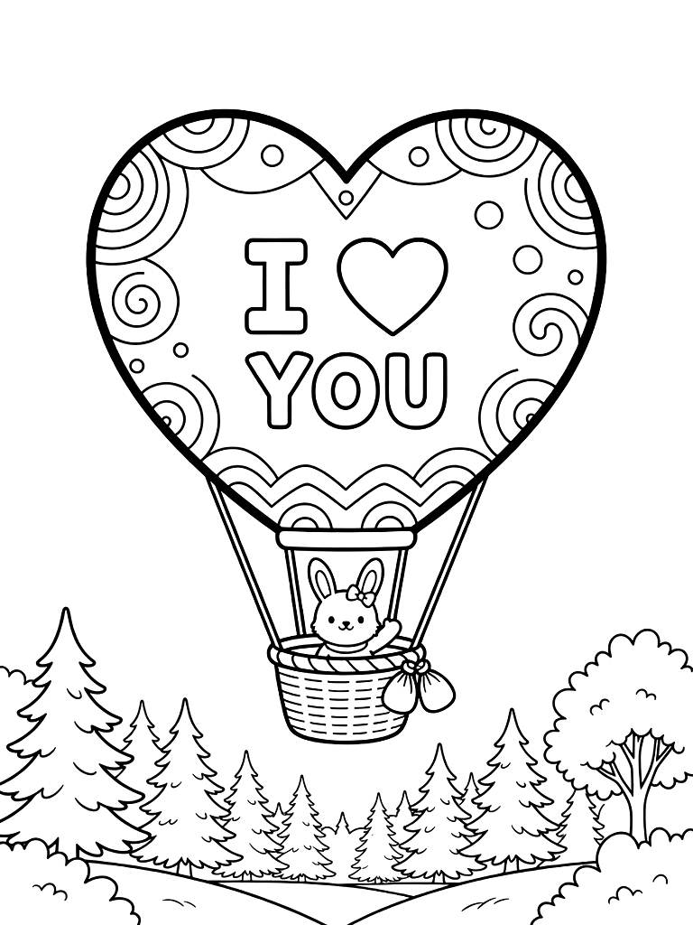Valentine’s Day Heart-shaped Hot Air Balloon Flying Over A Forest Coloring Page