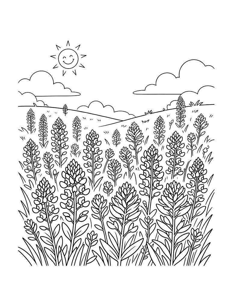 Vast Field Of Texas Bluebonnets And Indian Paintbrush Under A Wide Spring Sky Coloring Page