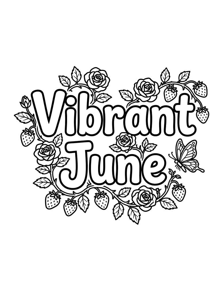Vibrant June Lettering Decorated With Climbing Pink Roses Coloring Page