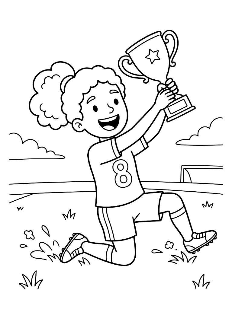Victorious Soccer Player Sliding On Her Knees Across The Grass Field While Hoisting A Gleaming Championship Trophy In The Air Coloring Page