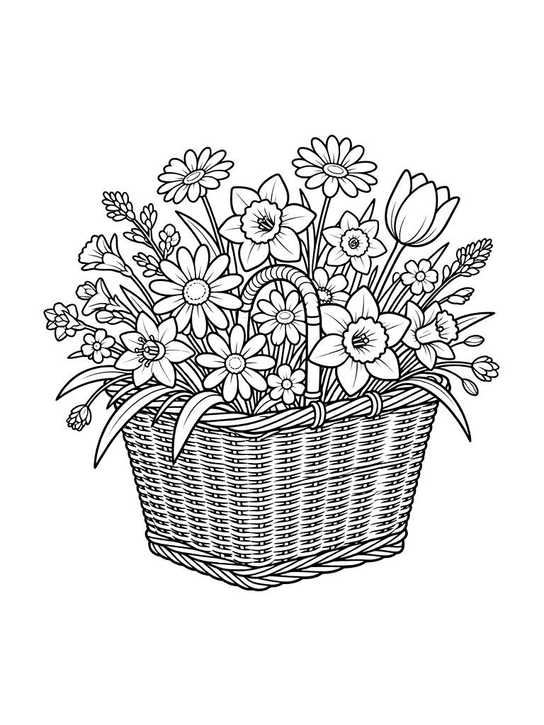 Vintage Bicycle Basket Overflowing With Spring Wildflowers Coloring Page