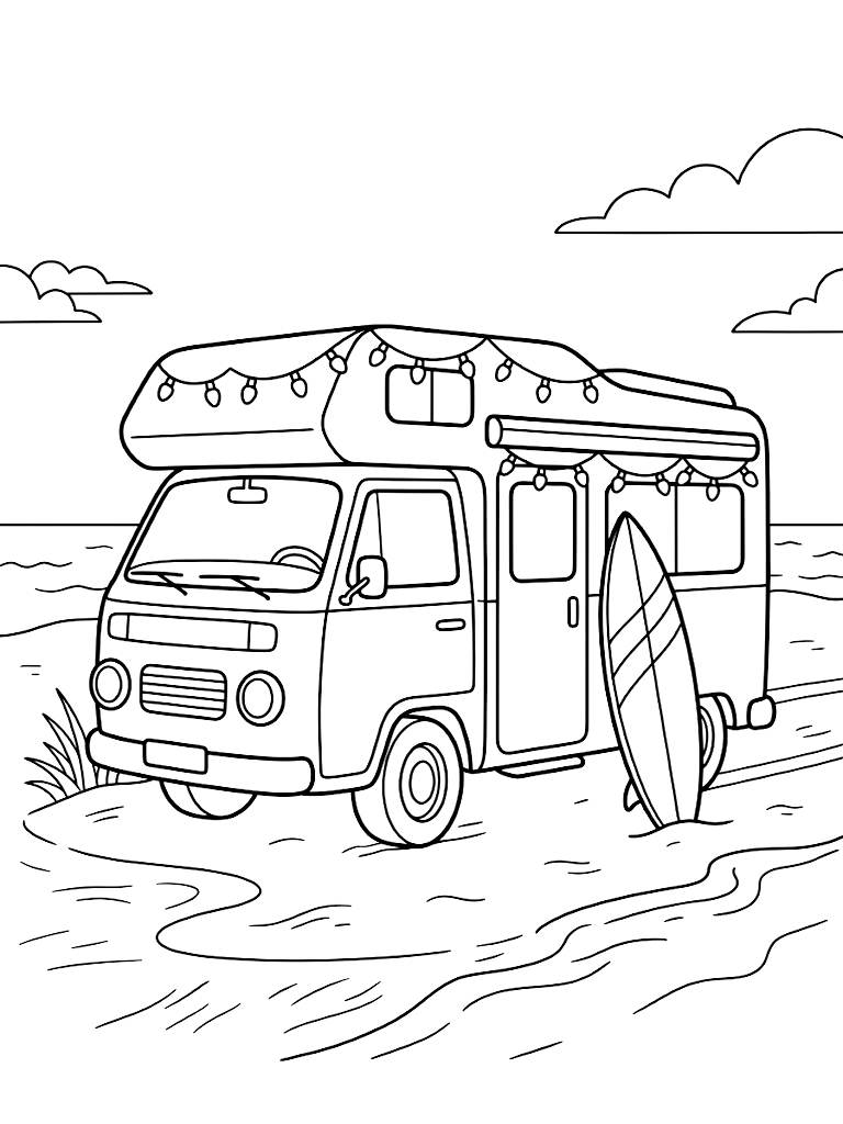 Vintage Campervan Parked On A Sandy Summer Beach Adorned With Glowing String Lights And A Surfboard Leaning Against The Door Coloring Page