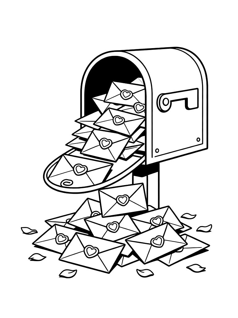 Vintage Mailbox Overflowing With Envelopes Sealed With Wax Hearts And Stray Rose Petals On The Ground Coloring Page