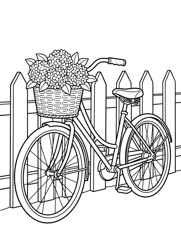 Vintage Pastel Bicycle With A Wicker Basket Overflowing With Blooming Hydrangeas Leaning Against A White Picket Fence Coloring Page