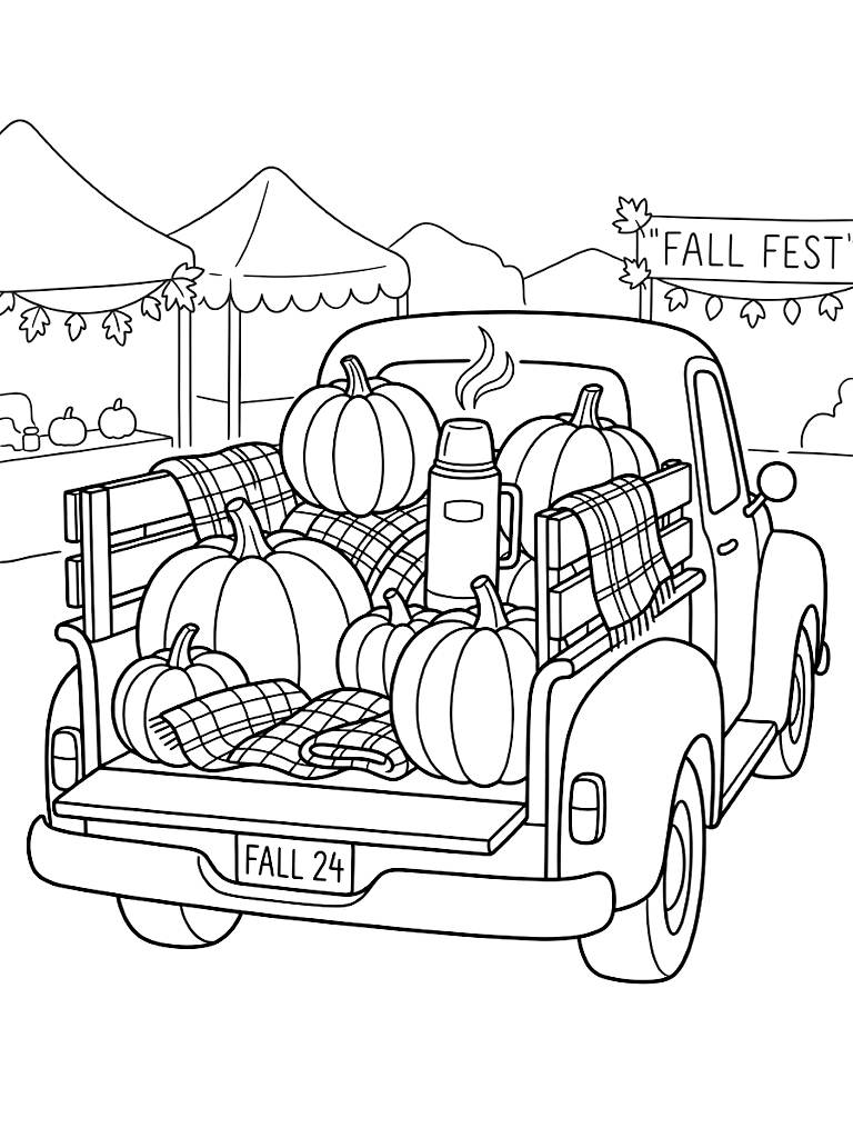 Vintage Pickup Truck Bed Filled With Giant Harvest Pumpkins Plaid Blankets And A Steaming Thermos At A Fall Festival Coloring Page