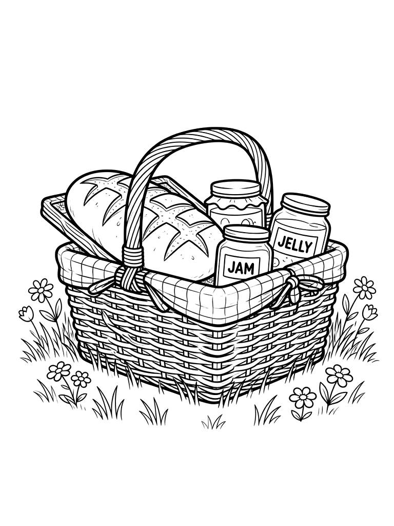 Vintage Picnic Basket With Sourdough Bread And Jars Of Jam In A Meadow Coloring Page