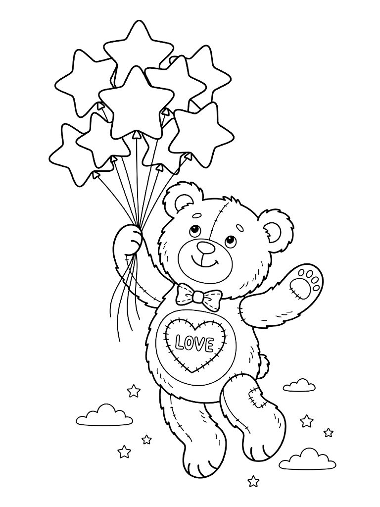 Vintage Style Plush Bear With An Embroidered Heart On Its Tummy Floating Up To The Sky Clutching A Bunch Of Colorful Star-Shaped Balloons Coloring Page