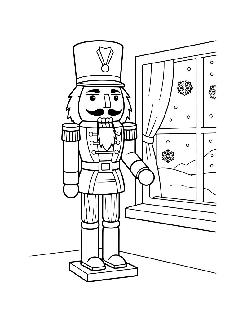 Vintage-style Wooden Nutcracker Doll With A Tall Hat And A Painted Uniform Standing By A Winter Window Coloring Page