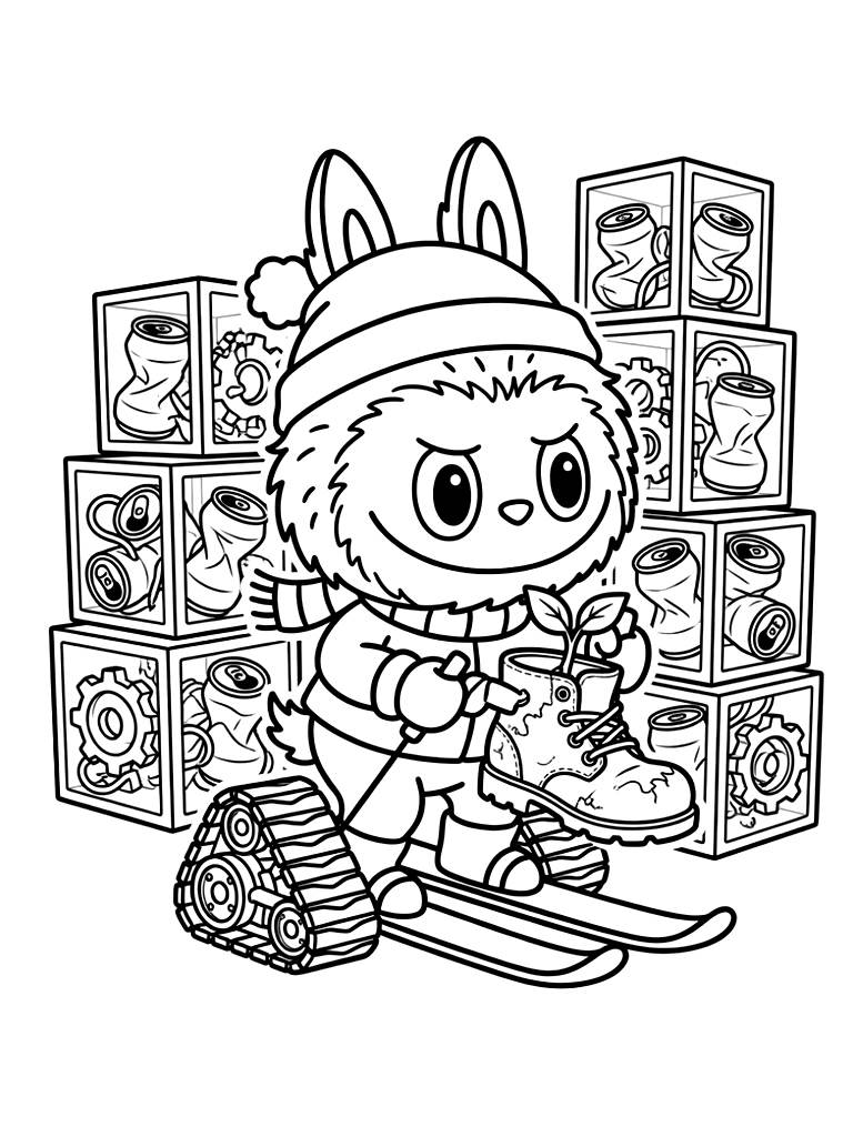 WALL-E Carefully Holding A Tiny Green Sprout Inside An Old Boot Surrounded By Towering Cubes Of Compacted Scrap Metal Coloring Page