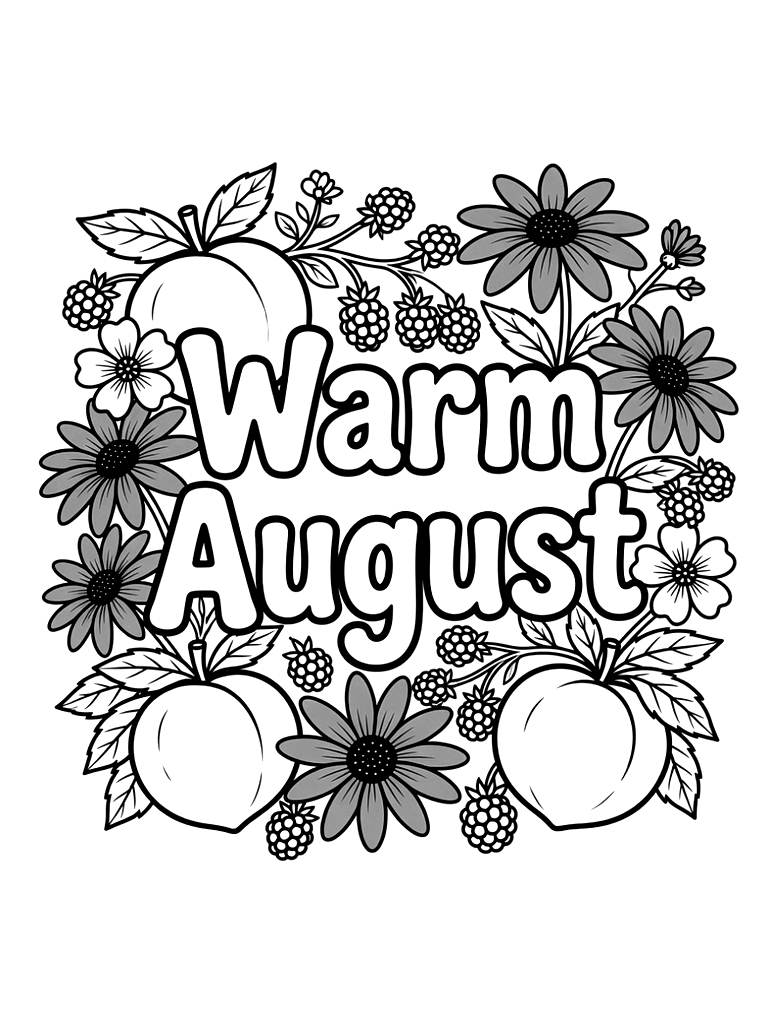 Warm August Lettering Framed By A Rich Harvest Of Ripe Peaches Coloring Page