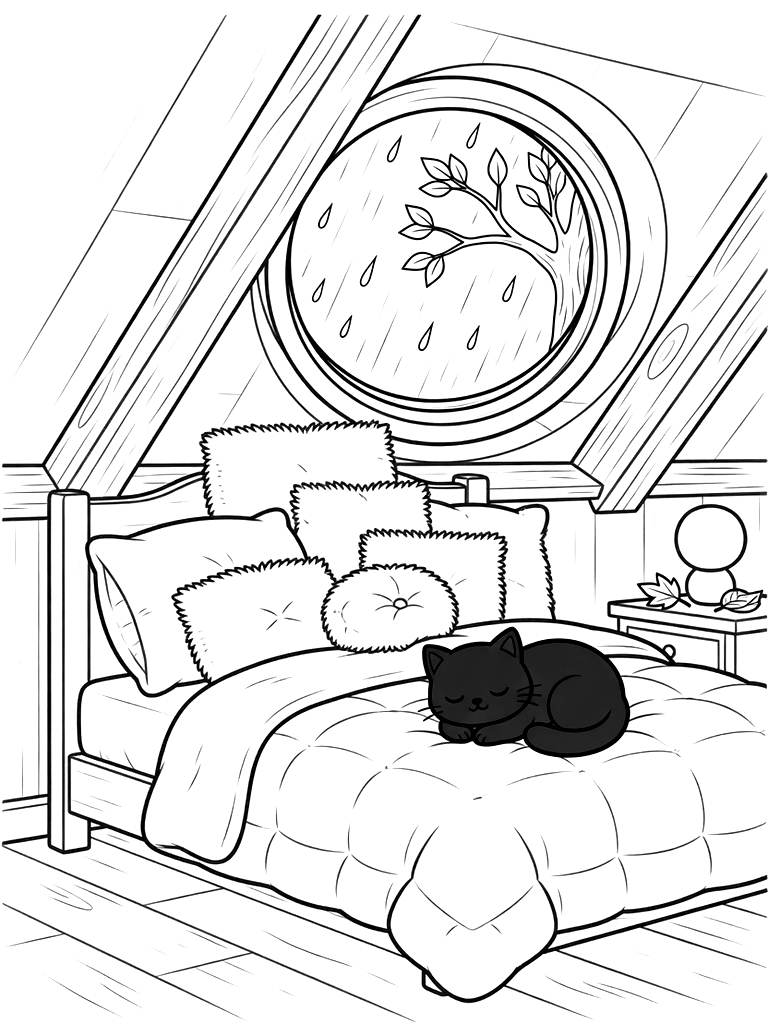 Warm Cozy Attic Room During Autumn With A Round Skylight Window Showing Rain Drops Coloring Page