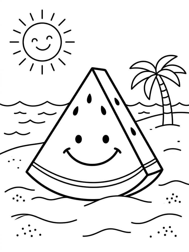 Watermelon Slice With A Smiling Face On A Sunny Beach Coloring Page