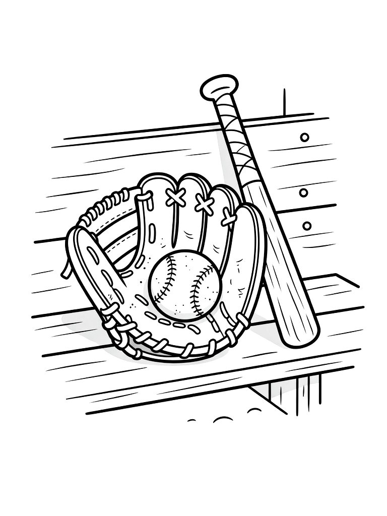 Well-worn Leather Baseball Glove With A Wooden Bat And A Dusty Baseball Resting In A Dugout Coloring Page