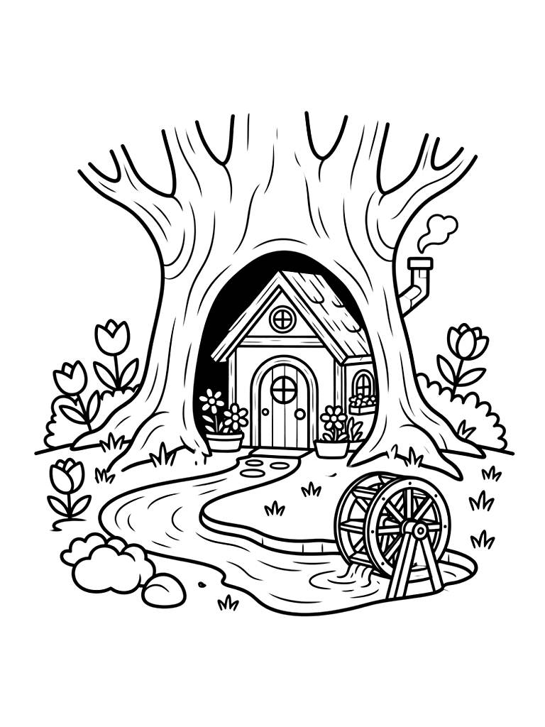 Whimsical Cottage Built Inside A Giant Hollowed-out Tree Trunk With A Small Wooden Watermill Wheel Turning In A Garden Brook Coloring Page