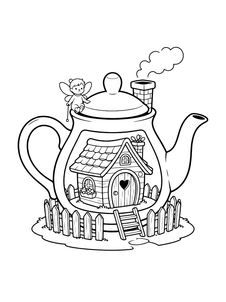 Whimsical Fairy Cottage Built Inside A Vintage Teapot Coloring Page