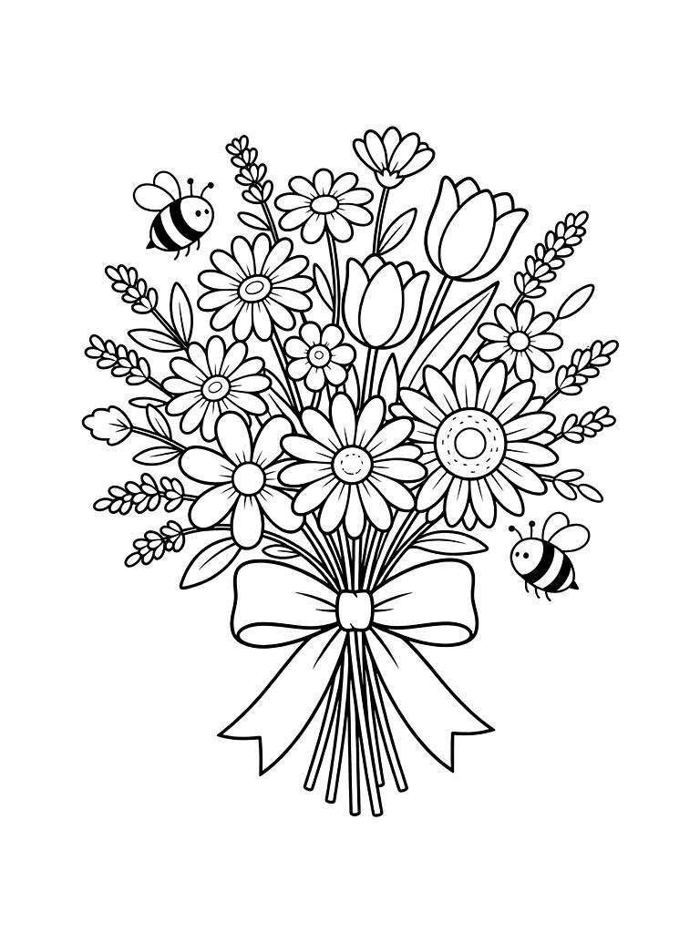 Whimsical Hand-tied Wildflower Bouquet With A Silk Ribbon Bow And Bumblebees Coloring Page