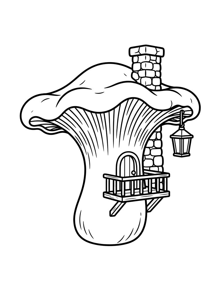 Whimsical Mushroom Cottage Built Inside A Giant Chanterelle With A Tiny Wooden Balcony Coloring Page