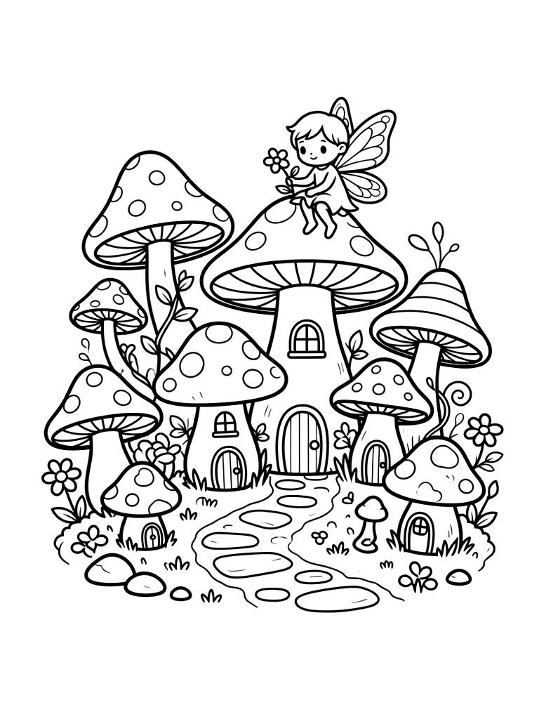 Whimsical Mushroom Houses And Fairy Villages Coloring Page