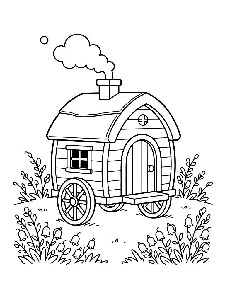 Whimsical Shepherd’s Hut On Wheels Parked In A Valley Of Blooming Purple Heather With A Small Chimney Puffing Smoke Coloring Page