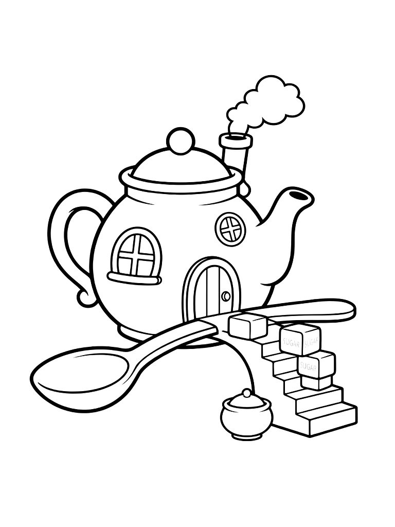 Whimsical Teapot House With A Spoon Bridge And Sugar Cube Stairs Coloring Page