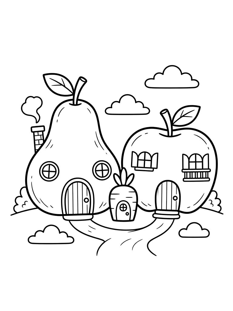 Whimsical Village Of Houses Built Inside Oversized Fruit Like A Pear House And An Apple Cottage Coloring Page