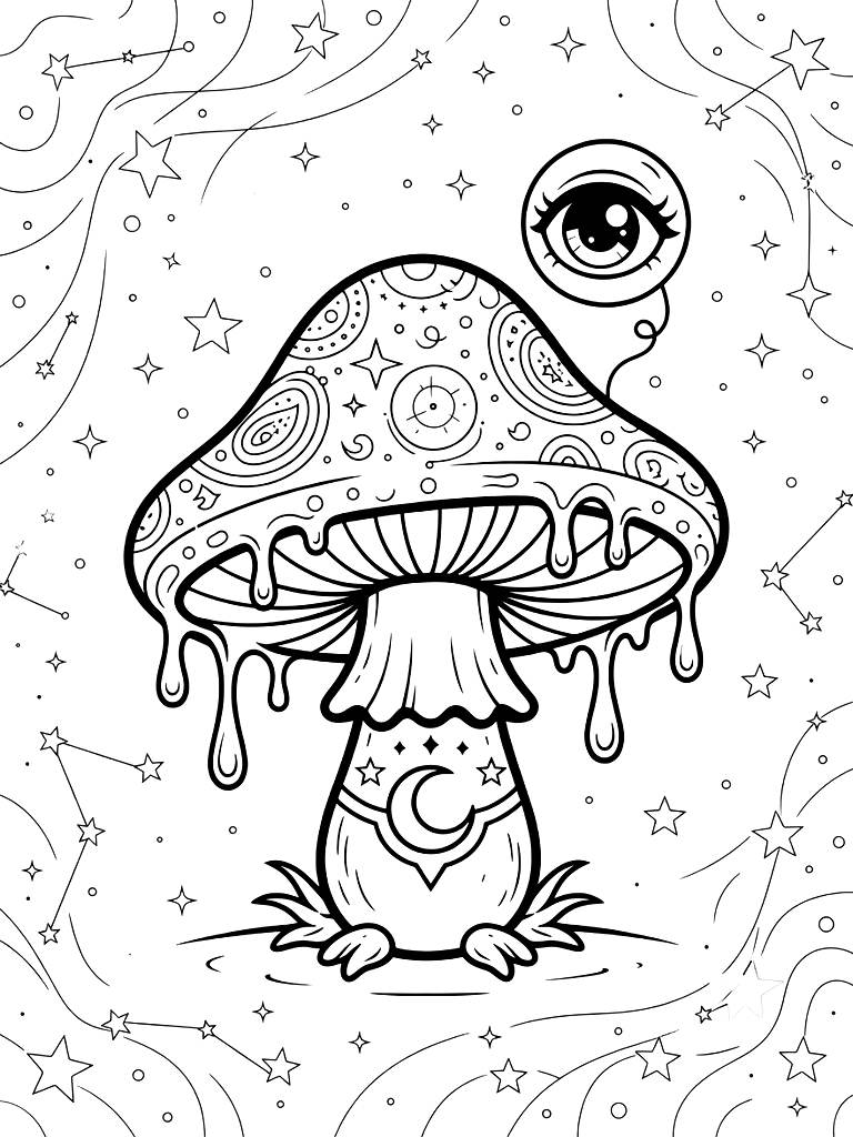 Whimsigoth Style Mushroom With Bioluminescent Drips And A Floating Eye In A Neon Starry Sky Coloring Page