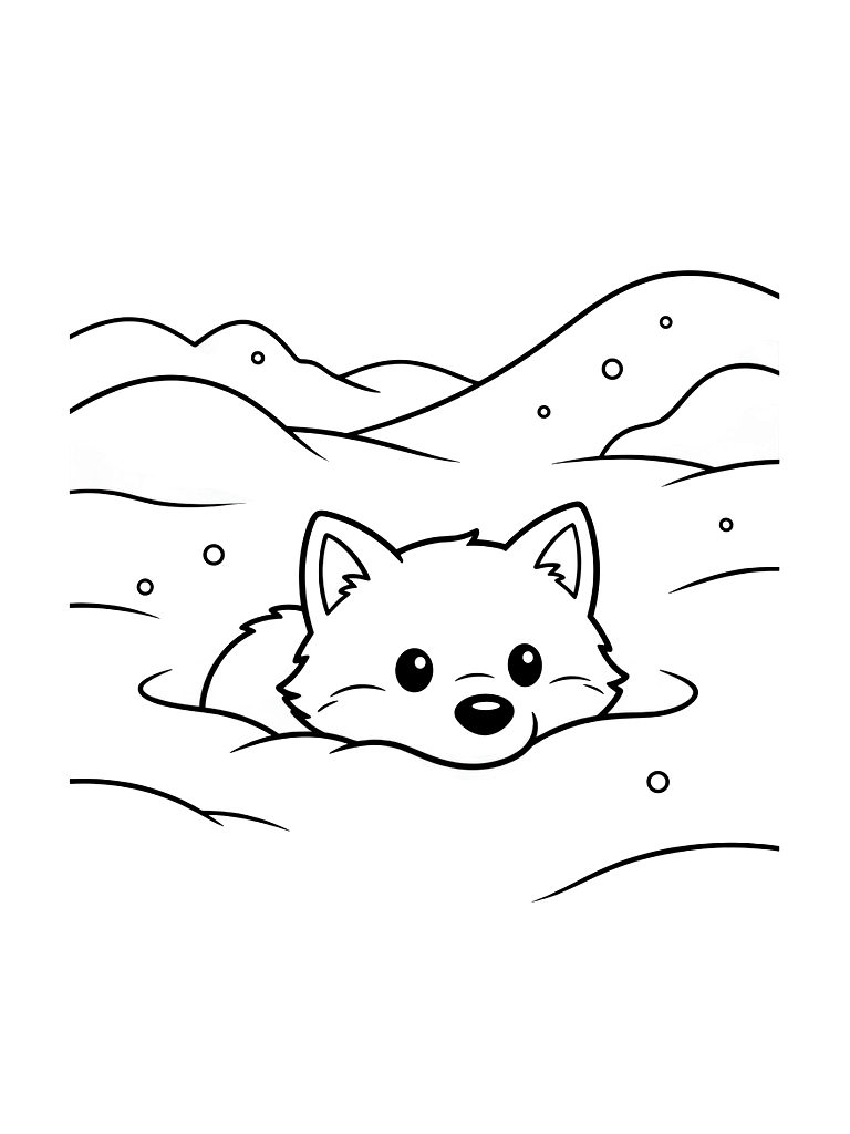 White Arctic Fox Blended Into A Snowy Landscape With Only Its Dark Nose And Eyes Visible Coloring Page