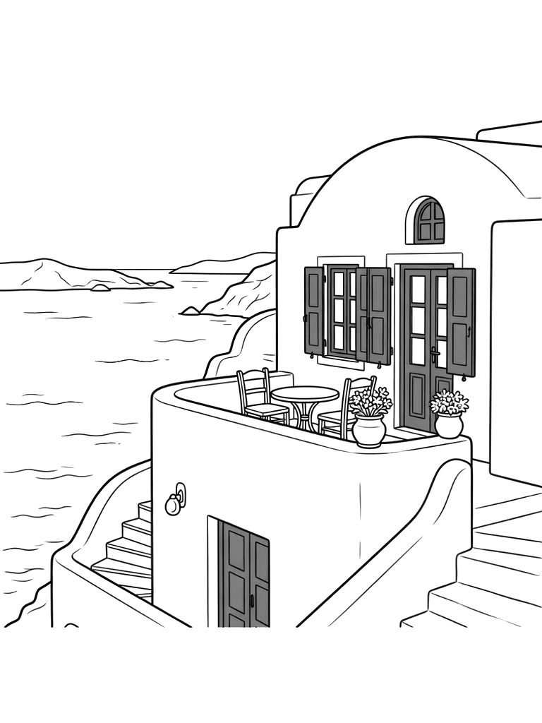 White-washed Santorini Balcony With Blue Shutters And A View Of The Aegean Sea Coloring Page