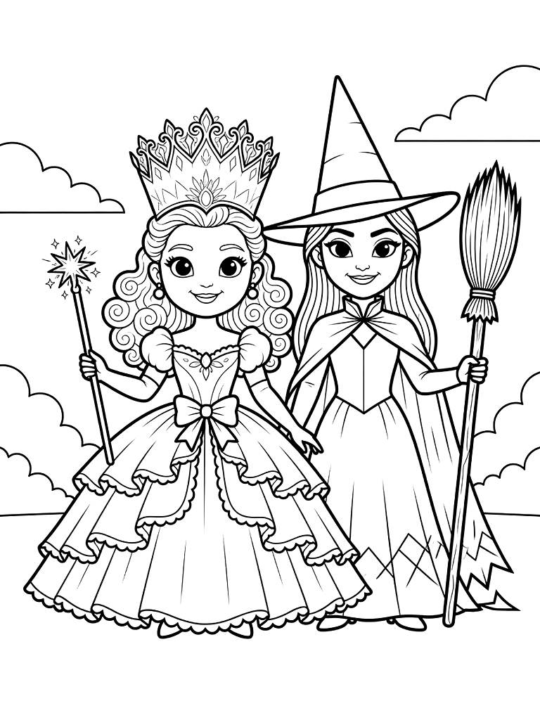 Wicked Movie: Glinda & Elphaba Fantasy Scenes Coloring Page
