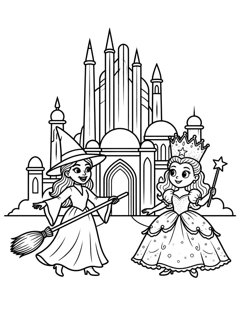 Wicked Movie Inspired Emerald City & Characters Coloring Page