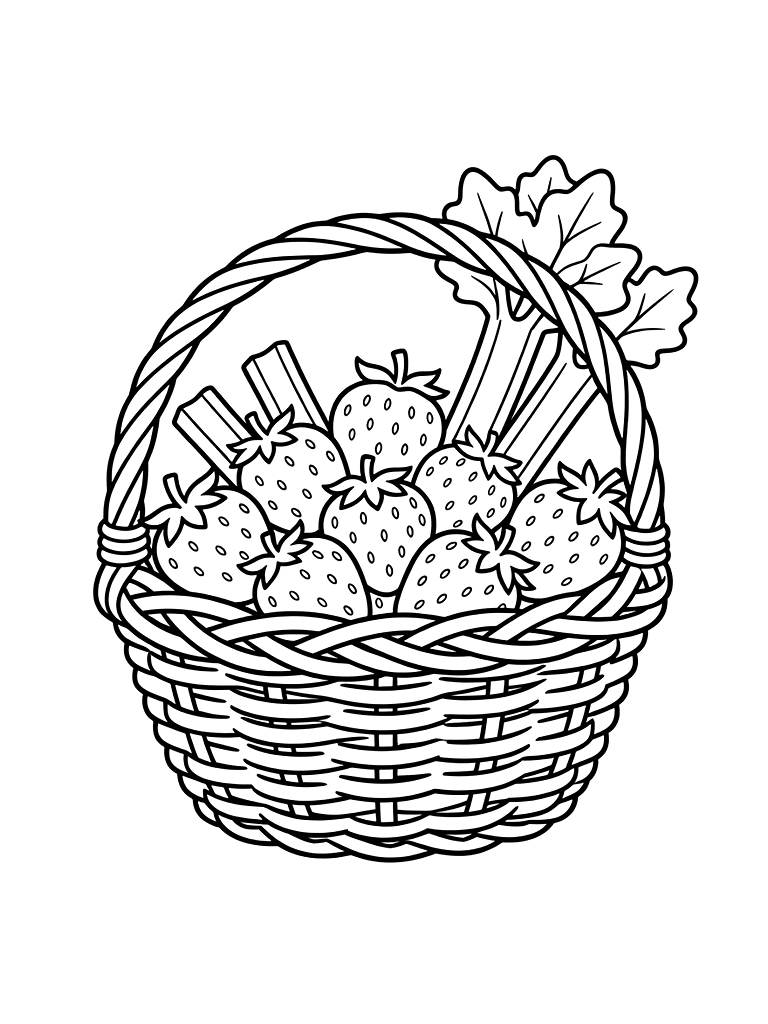 Wicker Basket Of Fresh Spring Strawberries And Green Rhubarb Stalks Coloring Page