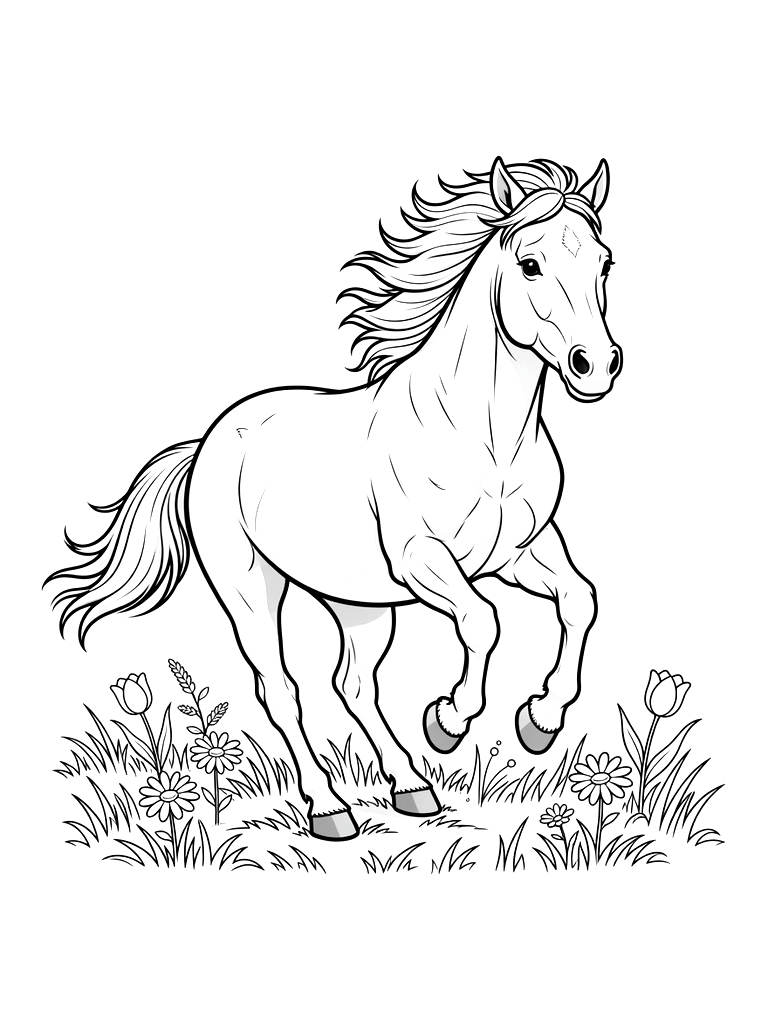 Wild Mustang Galloping Through A Field Of Spring Grass Coloring Page