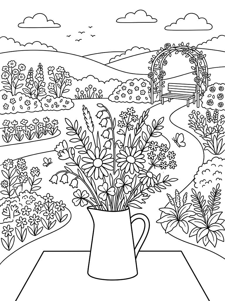Wildflower Bouquet And Blooming Botanical Gardens Coloring Page
