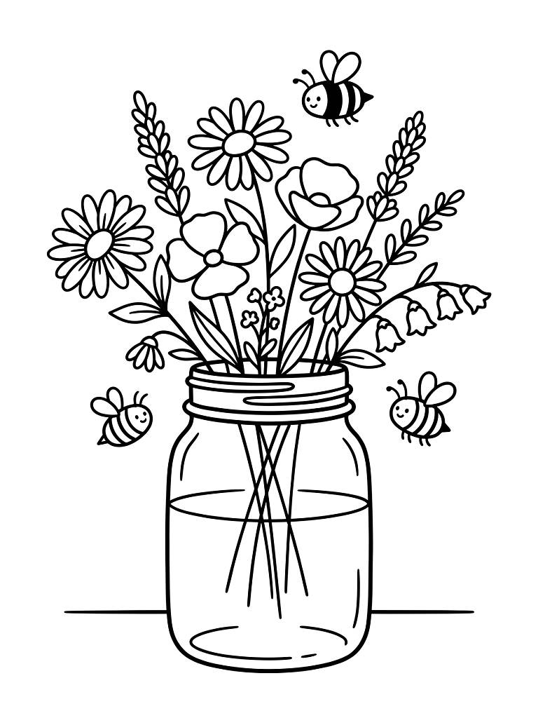 Wildflower Bouquet In Mason Jar With Honeybees Coloring Page