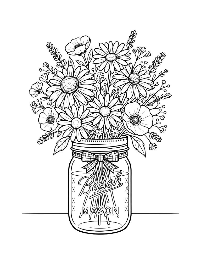 Wildflower Mason Jar Vase Coloring Page