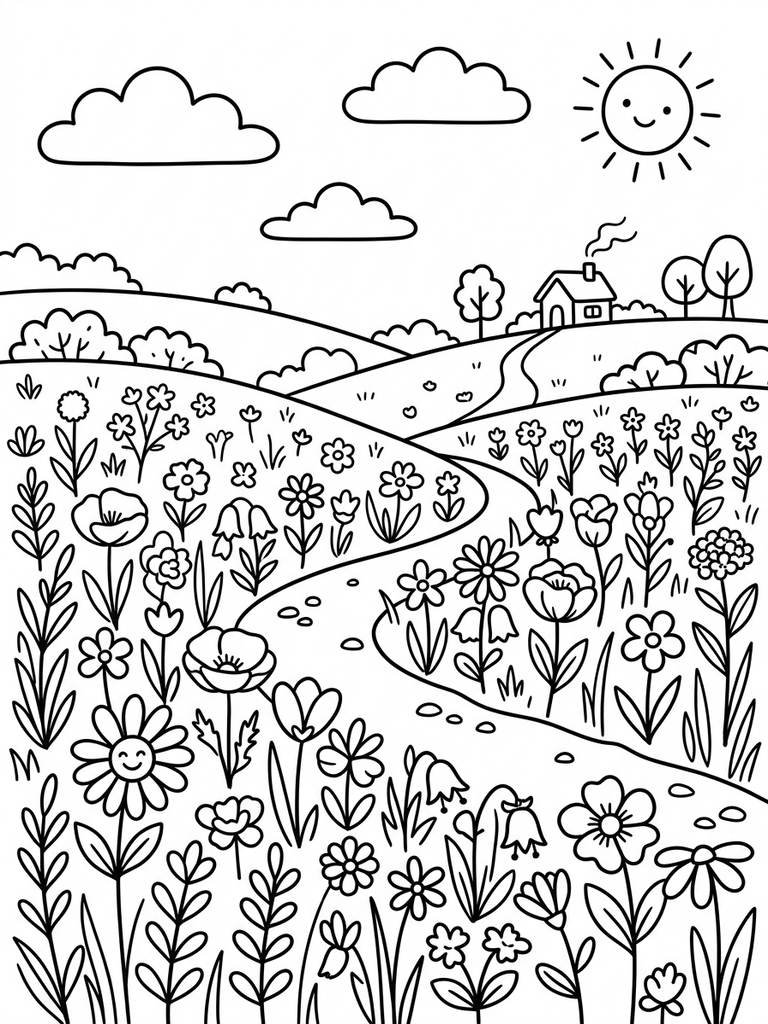 Wildflower Meadow / Flower Field Landscape Coloring Page