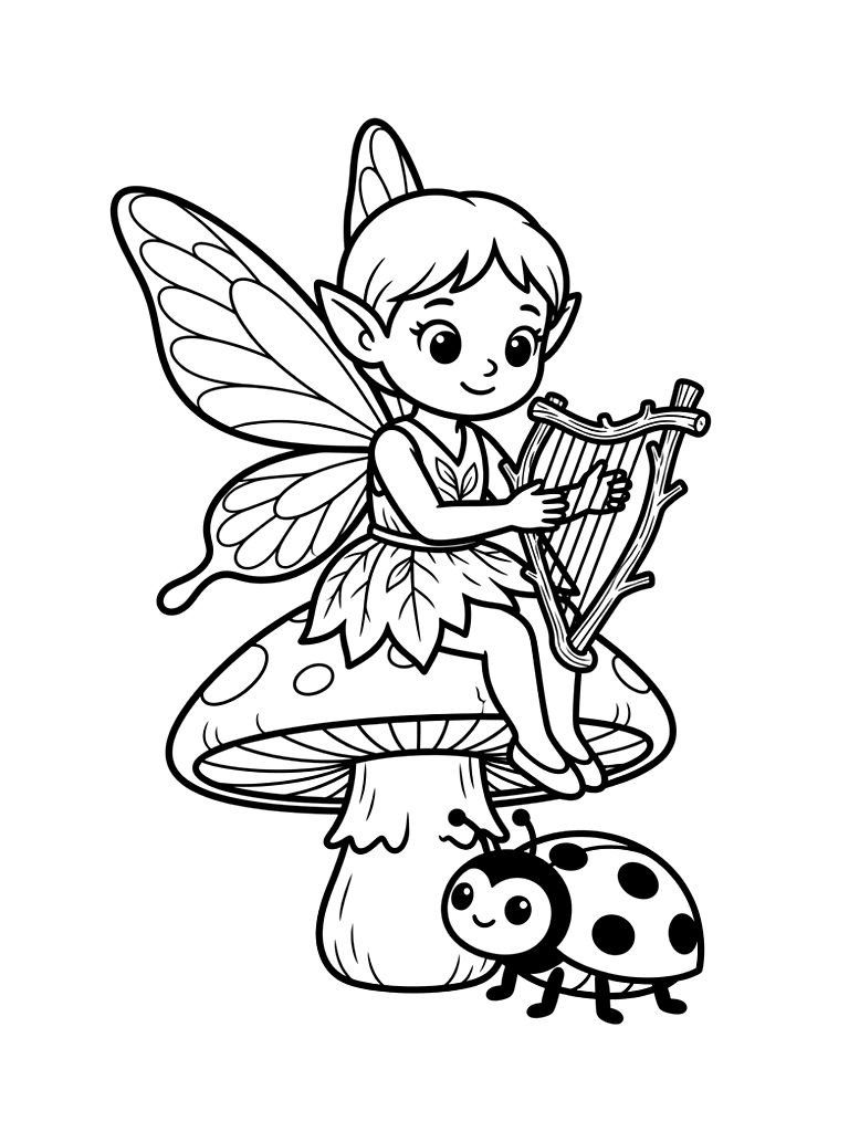 Winged Forest Fairy Sitting On A Large Forest Mushroom Playing A Tiny Harp Made Of Silver Twigs For A Friendly Ladybug Coloring Page