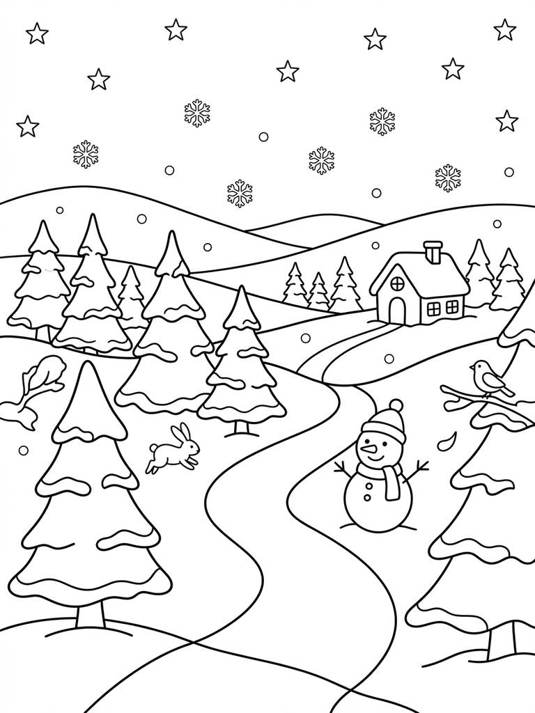 Winter Wonderland Landscape With Trees Coloring Page
