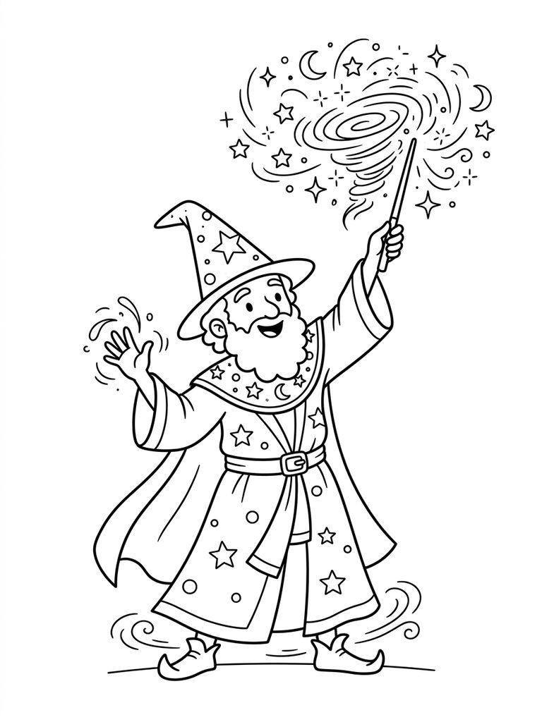 Wizard Casting Spell With Wand & Magic Effects Coloring Page