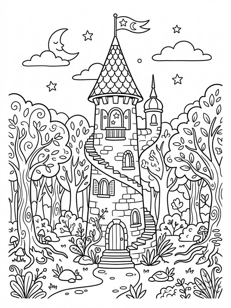 Wizard Tower In Enchanted Forest / Mystic Spire Coloring Page
