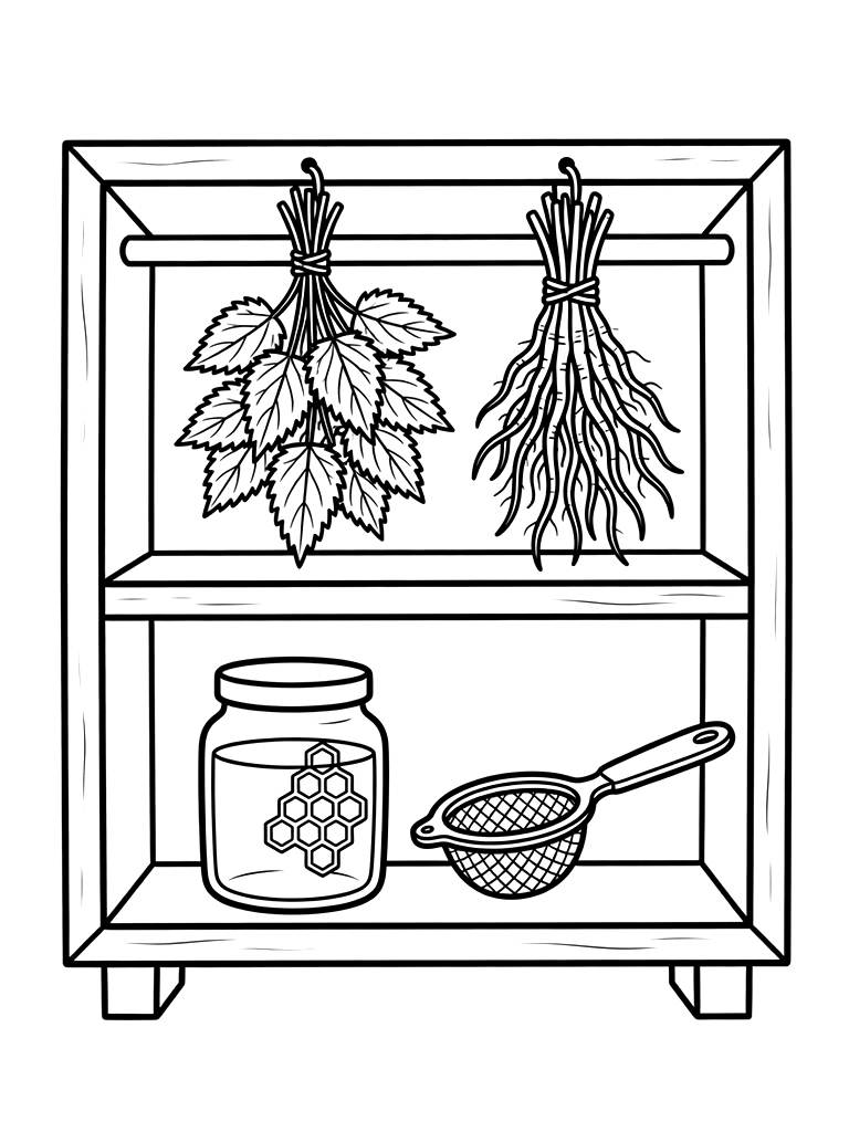 Wooden Apothecary Shelf With Bundles Of Drying Nettles And Dandelion Roots Next To A Jar Of Honey And A Tea Strainer Coloring Page