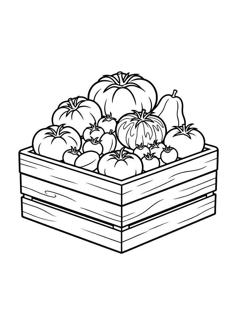 Wooden Crate Filled With A Variety Of Heirloom Tomatoes In Different Shapes And Colors Coloring Page