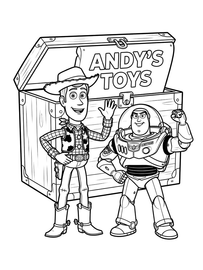 Woody And Buzz Lightyear Standing In Front Of A Toy Box Coloring Page